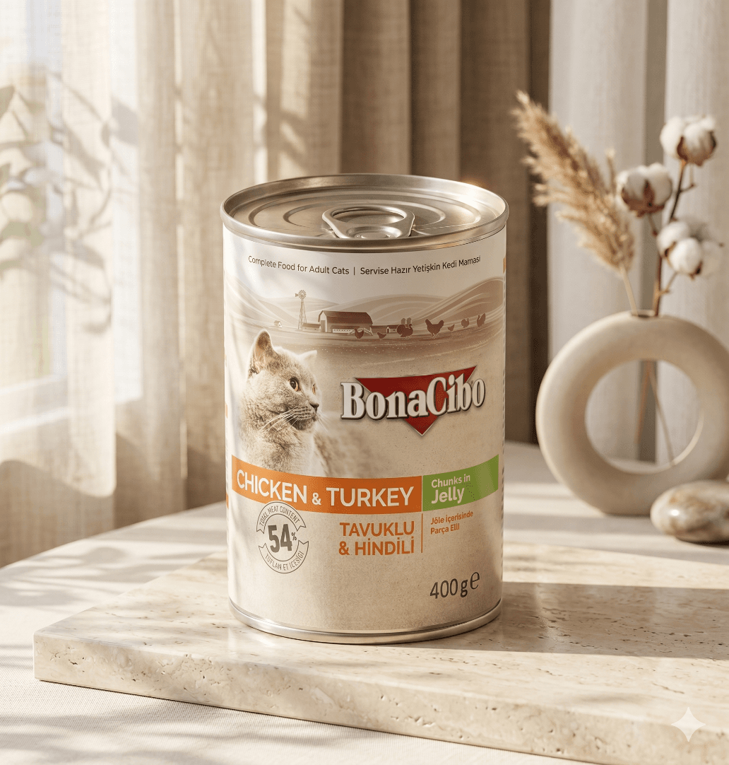 BonaCibo Adult Cat Wet Food - Chicken & Turkey Chunks in Jelly, 400g